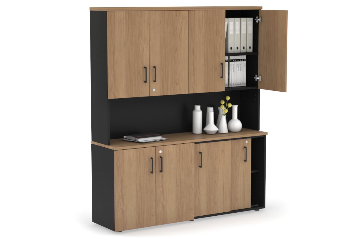 Uniform Sliding 2 Door Credenza and Small 2 Door Cupboard Unit - Hutch with Doors-Black salvage oak black handle
