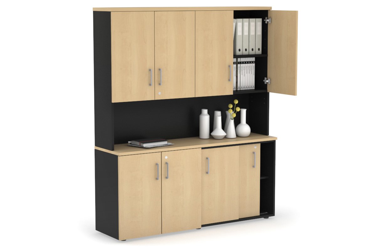 Uniform Sliding 2 Door Credenza and Small 2 Door Cupboard Unit - Hutch with Doors-Black maple silver handle
