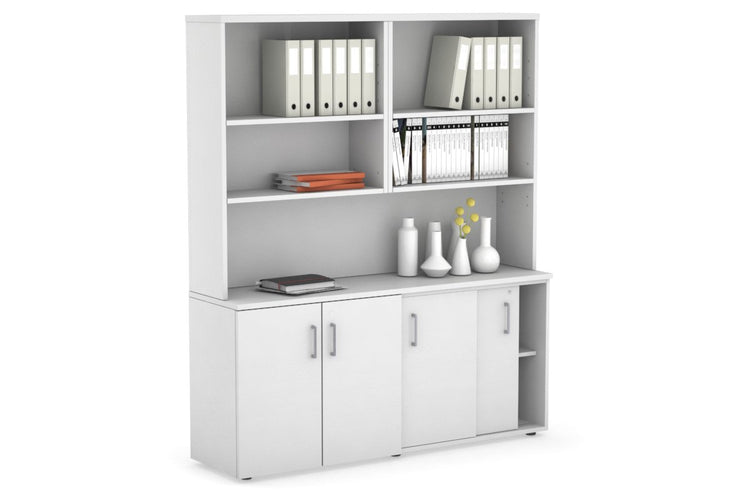 Uniform Sliding 2 Door Credenza and Small 2 Door Cupboard Unit with Open Hutch Jasonl White white silver handle