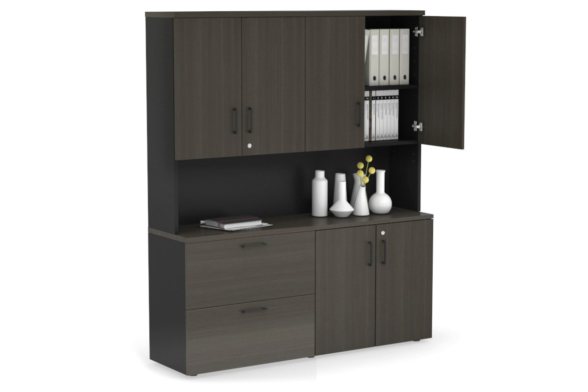 Uniform Small 2 Drawer Lateral File and 2 Door Cupboard - Hutch with Doors Jasonl White dark oak black handle