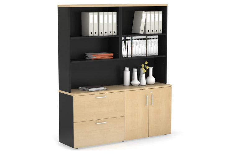 Uniform Small 2 Drawer Lateral File and 2 Door Cupboard with Open Hutch Jasonl Black maple white handle