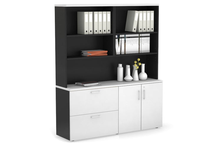 Uniform Small 2 Drawer Lateral File and 2 Door Cupboard with Open Hutch Jasonl Black white white handle