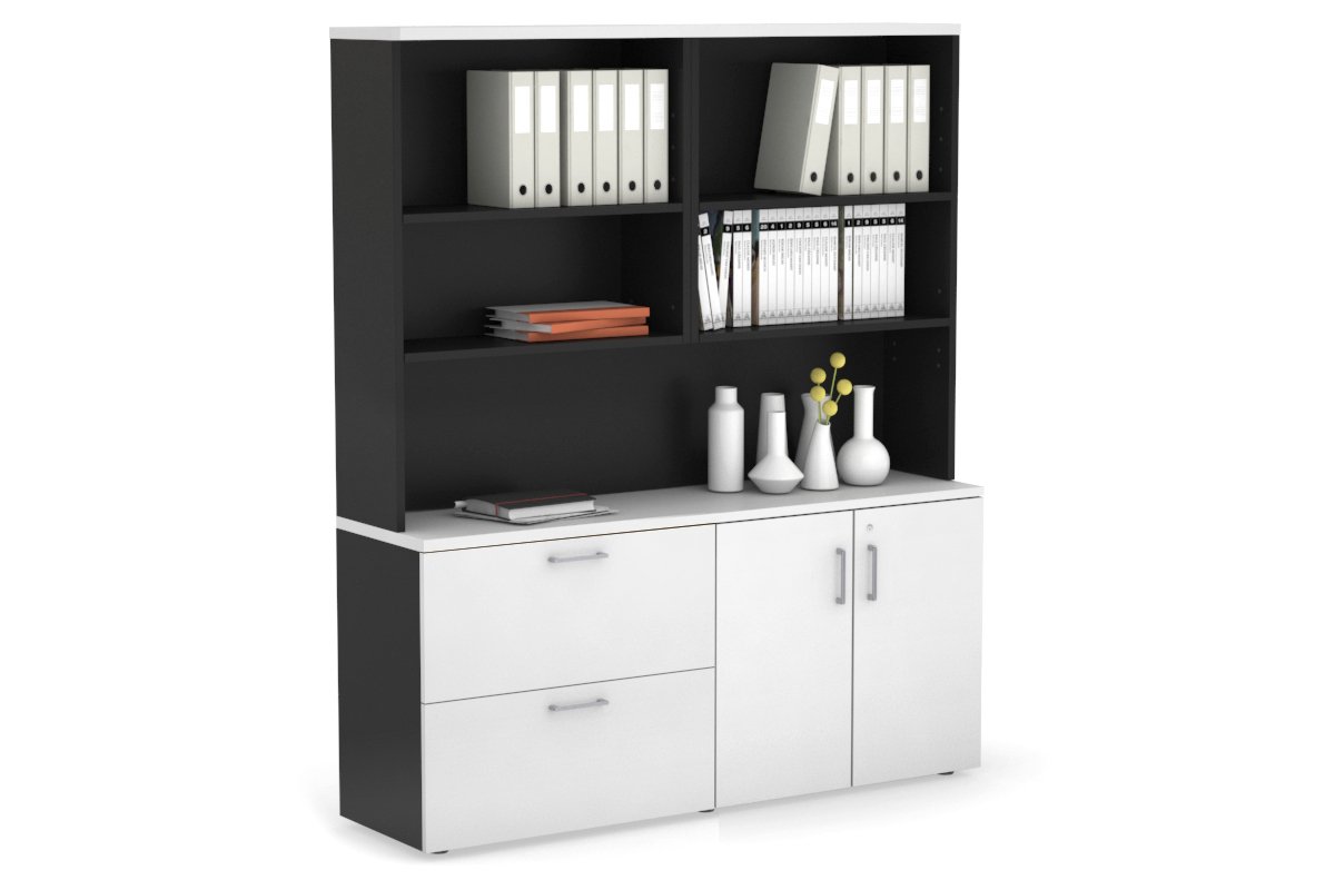 Uniform Small 2 Drawer Lateral File and 2 Door Cupboard with Open Hutch Jasonl Black white silver handle