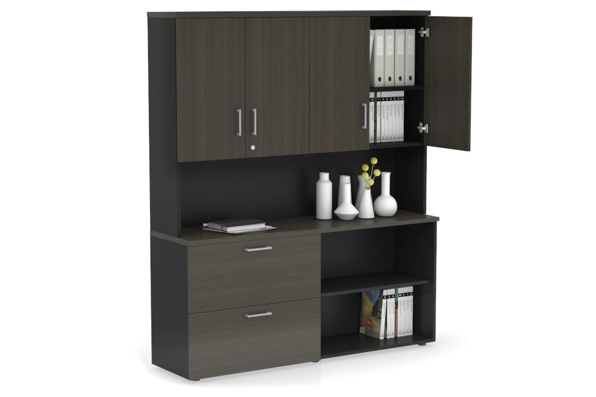 Uniform Small 2 Filing Drawer and Open Storage Unit - Hutch with Doors-Black dark oak silver handle