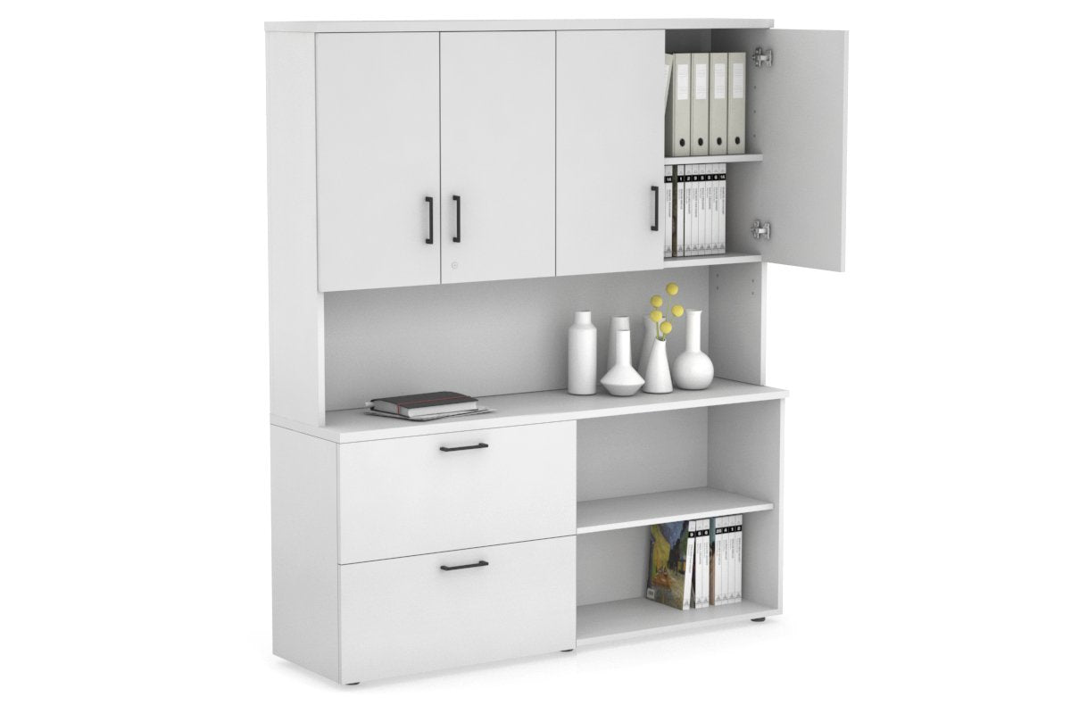 Uniform Small 2 Filing Drawer and Open Storage Unit - Hutch with Doors-White white black handle