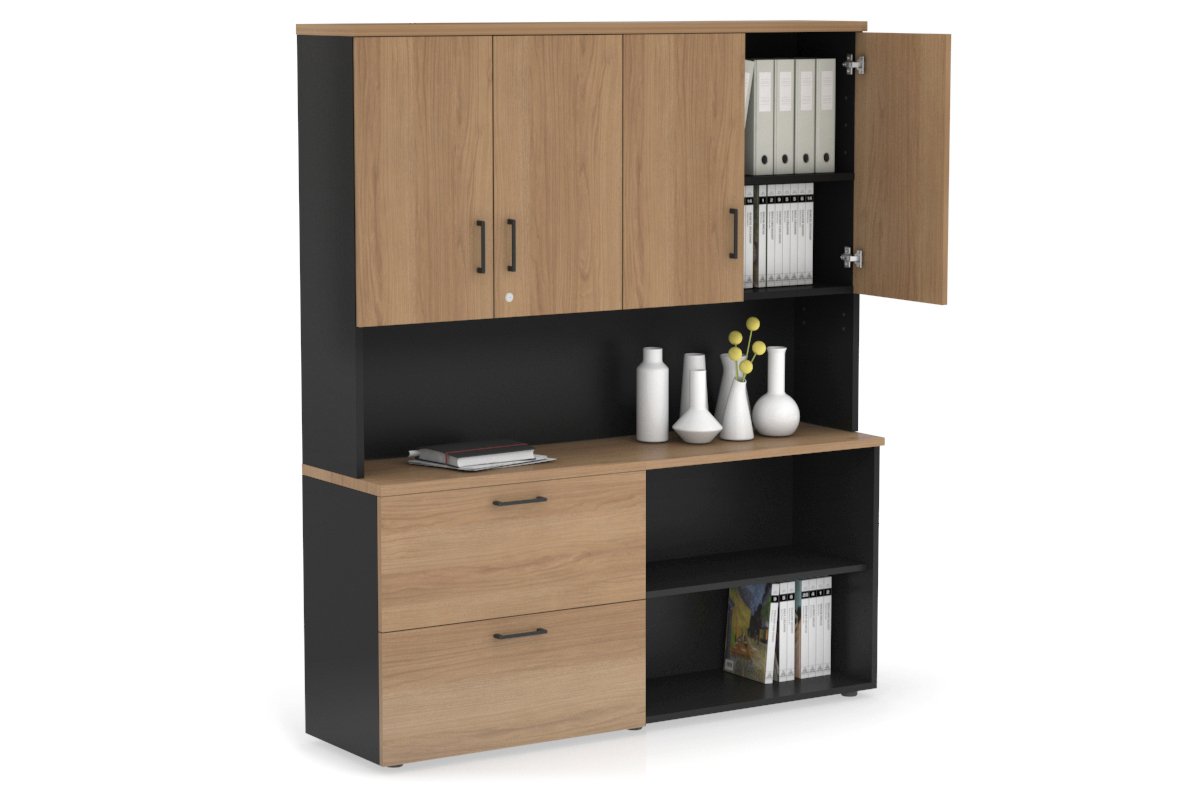 Uniform Small 2 Filing Drawer and Open Storage Unit - Hutch with Doors-Black salvage oak black handle