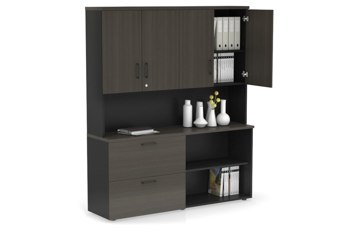 Uniform Small 2 Filing Drawer and Open Storage Unit - Hutch with Doors-Black dark oak black handle