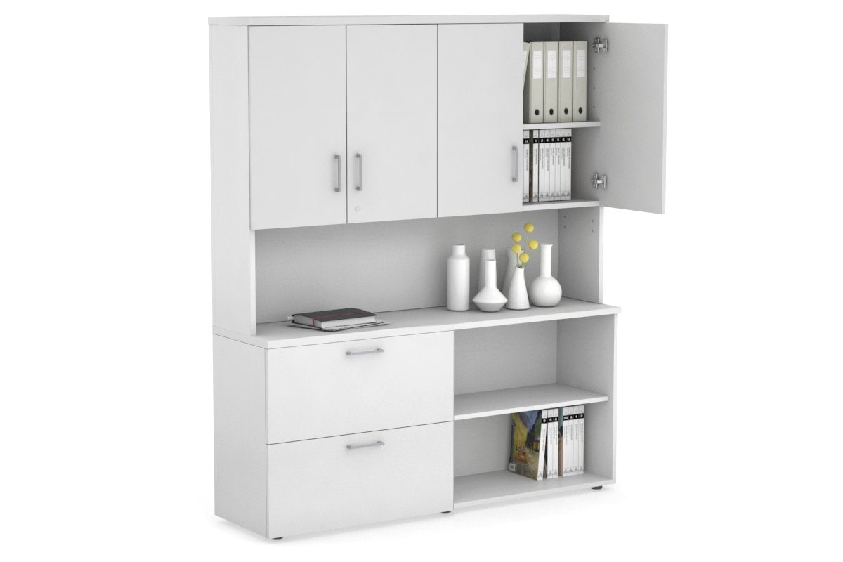 Uniform Small 2 Filing Drawer and Open Storage Unit - Hutch with Doors-White white silver handle