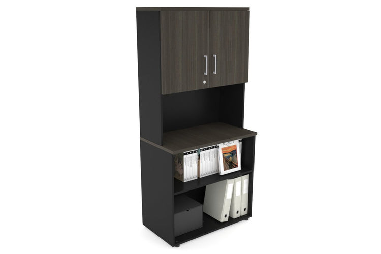 Uniform Small Open Bookcase - Hutch with Doors [800W x 750H x 450D] Jasonl Black dark oak silver handle