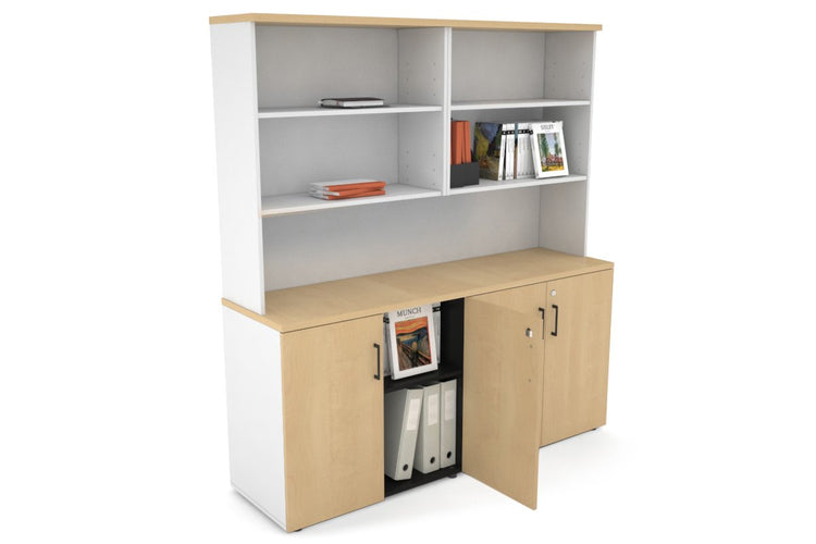 Uniform Small Storage Cupboard with Open Hutch [1600W x 750H x 450D] Jasonl White maple black handle