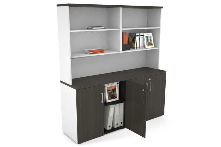 Uniform Small Storage Cupboard with Open Hutch [1600W x 750H x 450D] Jasonl White dark oak silver handle