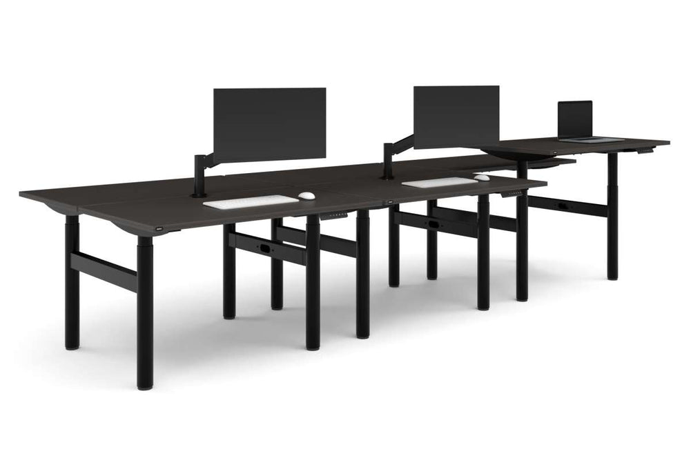Flexi Height Adjustable 6 Person H-Bench Workstation - Black Frame [1200L x 700W]-dark oak none none