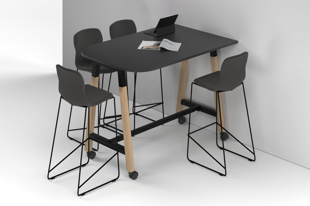 Quadro A Legs Half Counter Table Wood Legs - Large Rounded Corners [1500L x 1000W with Large Rounded Corners]-black leg black wood grain wheels