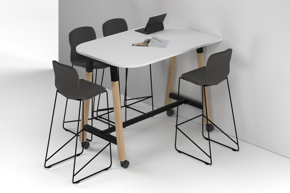 Quadro A Legs Half Counter Table Wood Legs - Large Rounded Corners [1500L x 1000W with Large Rounded Corners]-black leg white wheels