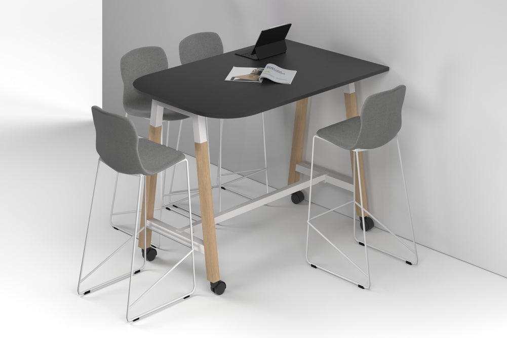 Quadro A Legs Half Counter Table Wood Legs - Large Rounded Corners [1500L x 1000W with Large Rounded Corners]-white leg black wood grain wheels