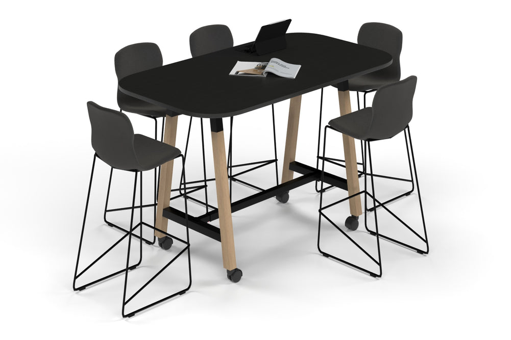 Quadro A Legs Counter Table Wood Legs - Large Rounded Corners [1800L x 1000W with Large Rounded Corners]-black leg black wood grain wheels