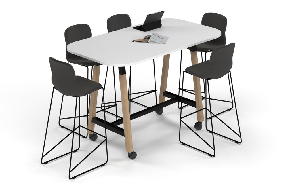 Quadro A Legs Counter Table Wood Legs - Large Rounded Corners [1800L x 1000W with Large Rounded Corners]-black leg black wood grain wheels