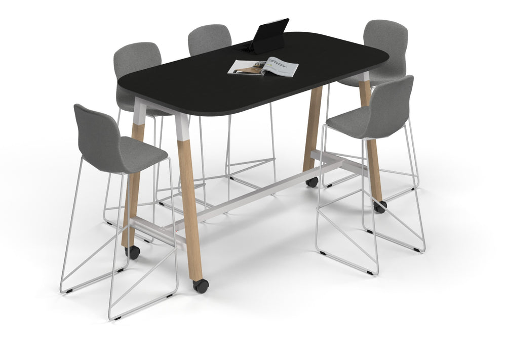 Quadro A Legs Counter Table Wood Legs - Large Rounded Corners [1800L x 1000W with Large Rounded Corners]-white leg black wood grain wheels