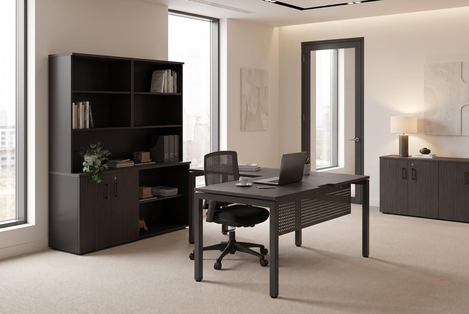 Quadro Square Legs L-Shaped Executive Setting - Black Legs [1600L x 1800W with Cable Scallop]