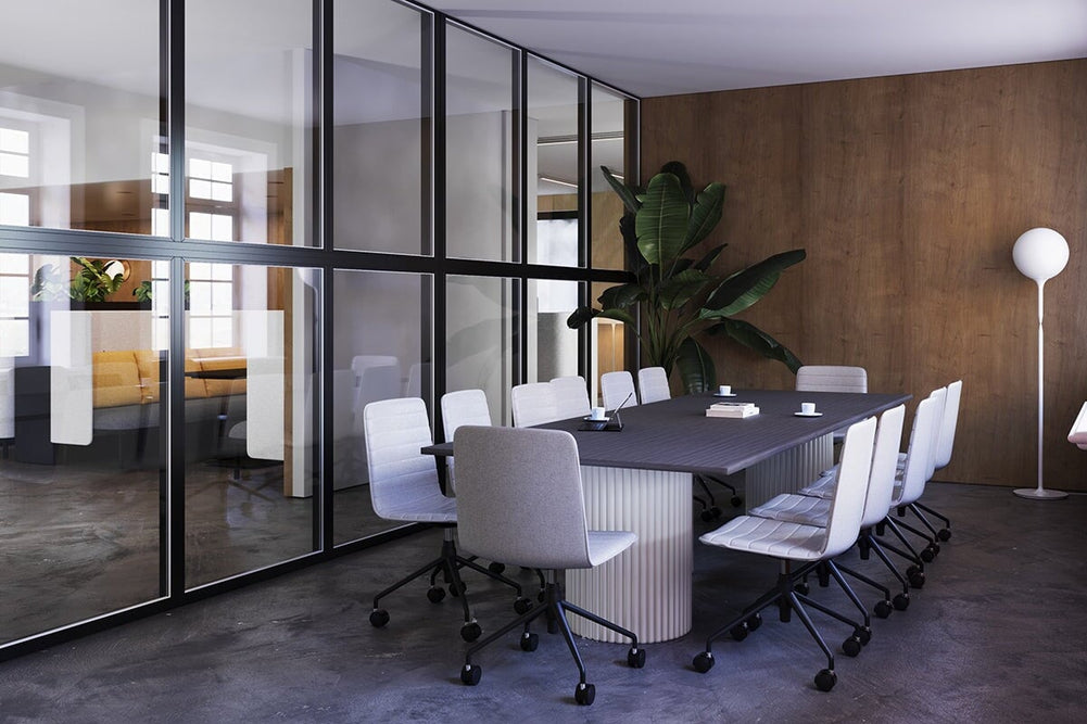 Baobab Circular Base Boardroom Rectangle Table - Rounded Corners  [3200L x 1100W with Rounded Corners]-black leg dark oak 