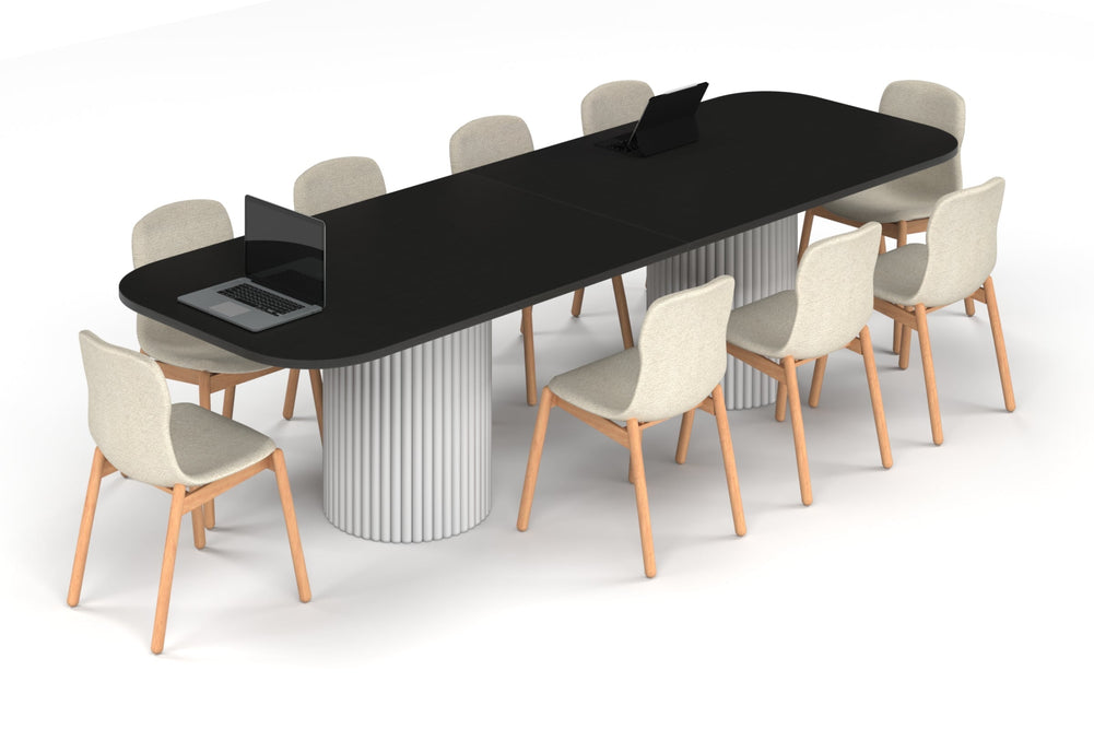 Baobab Circular Base Boardroom Table - Large Rounded Corners [3000L x 1000W with Large Rounded Corners]-white leg black wood grain 