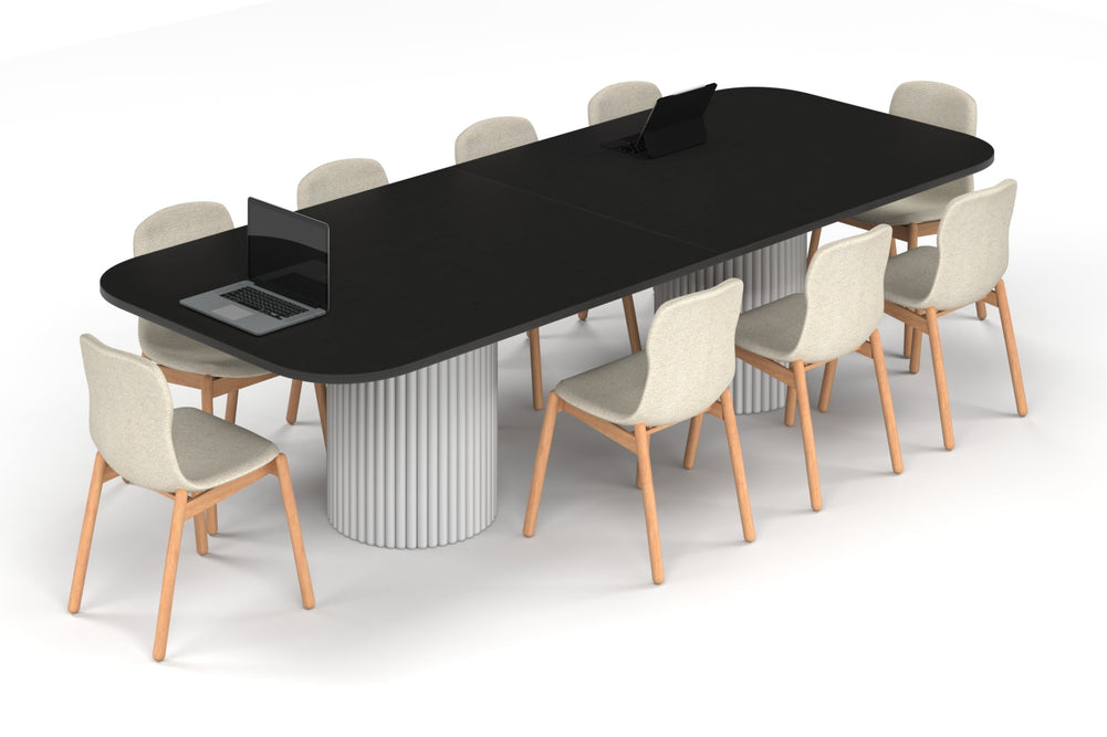 Baobab Circular Base Boardroom Table - Large Rounded Corners [3000L x 1200W with Large Rounded Corners]-white leg black wood grain 