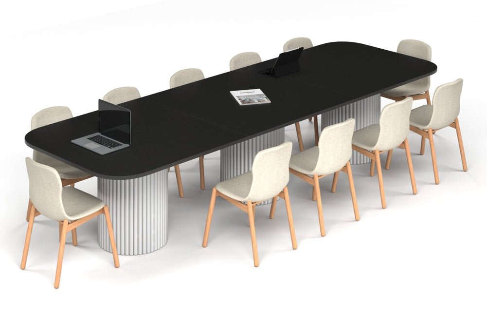 Baobab Circular Base Boardroom Table - Large Rounded Corners [3600L x 1200W with Large Rounded Corners]-white leg black wood grain 