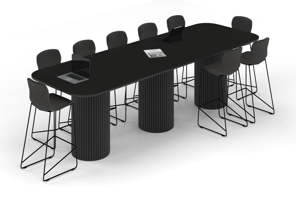 Baobab Circular Base Counter Rectangular Table - Large Rounded Corners [3600L x 1200W with Large Rounded Corners]-black leg black wood grain 