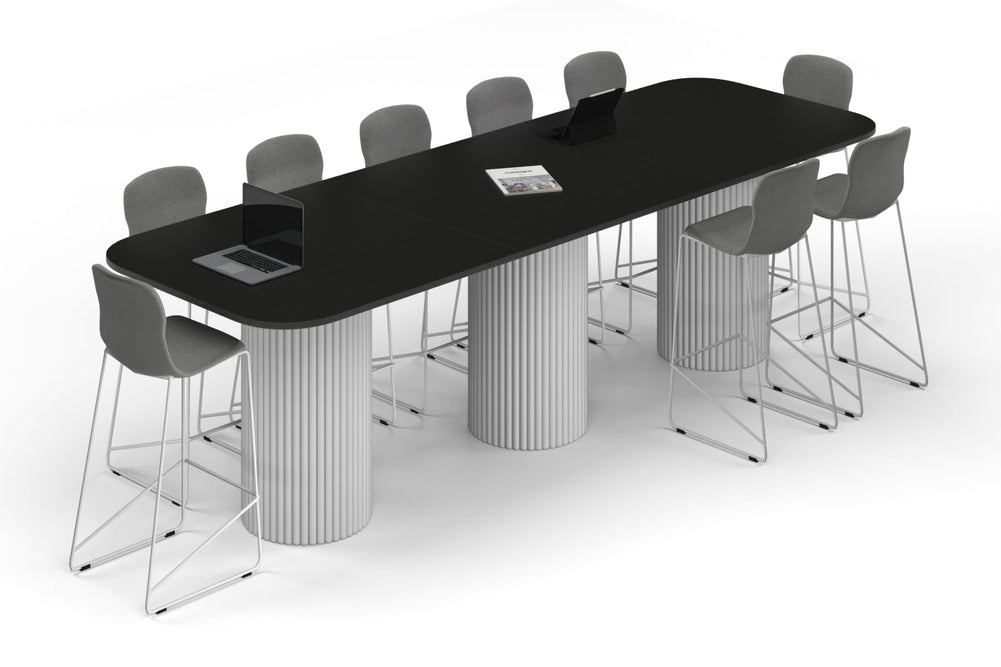 Baobab Circular Base Counter Rectangular Table - Large Rounded Corners [3600L x 1200W with Large Rounded Corners]-white leg black wood grain 