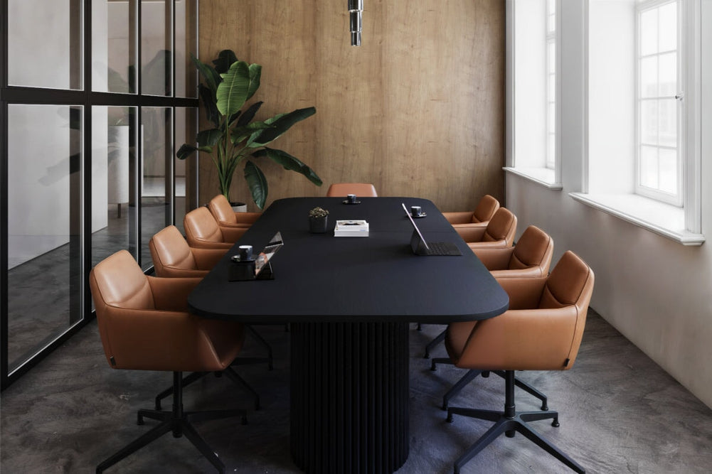 Baobab Circular Base Half Meeting Table - Large Rounded Corners [1500L x 1200W with Large Rounded Corners]-black leg black wood grain 