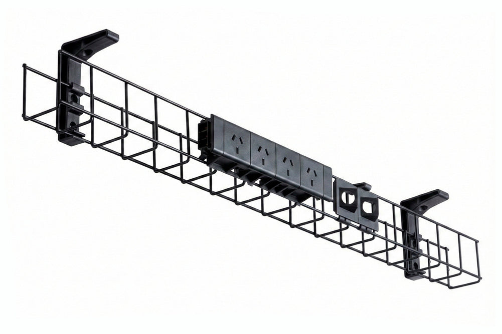 DPG Cable Management White Basket Single Metal+Tray Include 4 Power 2 Data [1550W x 105H]-black none none