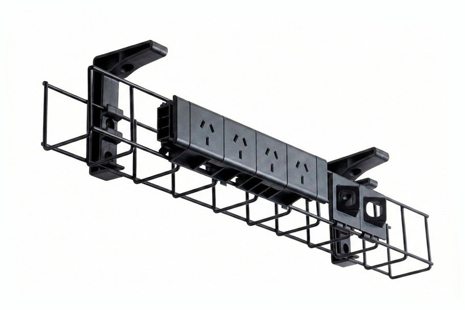 Environmental image of DPG Cable Management White Basket Single Metal+Tray Include 4 Power 2 Data [950W x 105H]