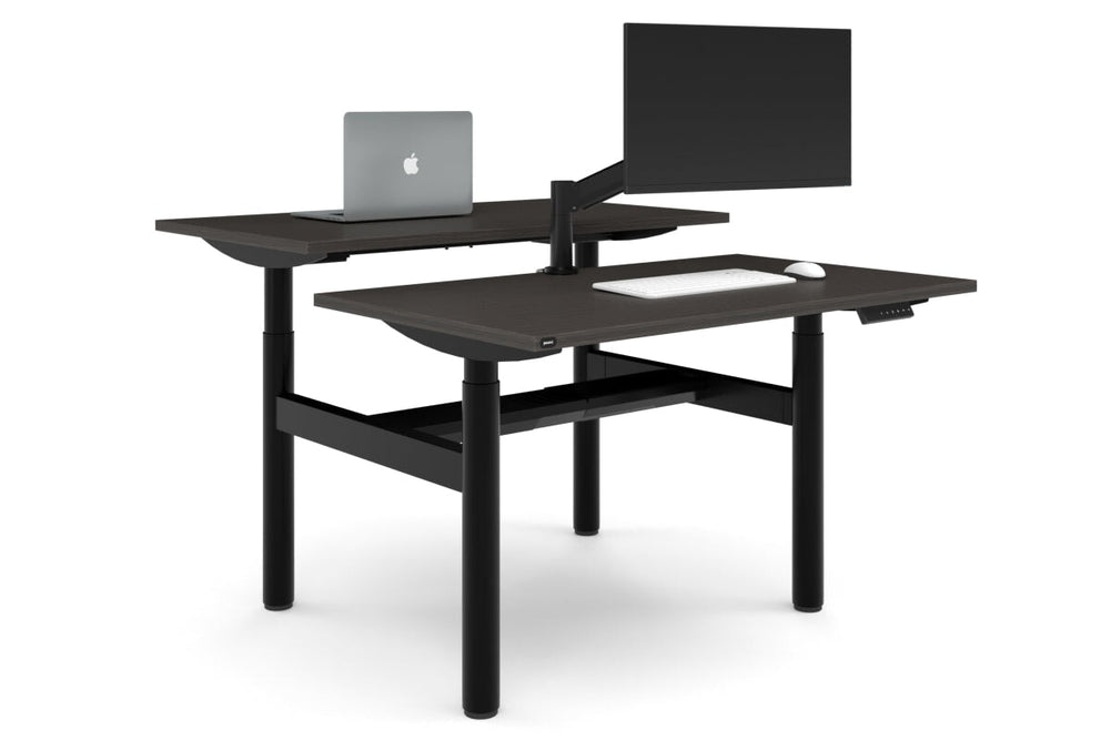 Flexi Height Adjustable 2 Person H-Bench Workstation - Black Frame [1200L x 700W]-dark oak none black cable tray
