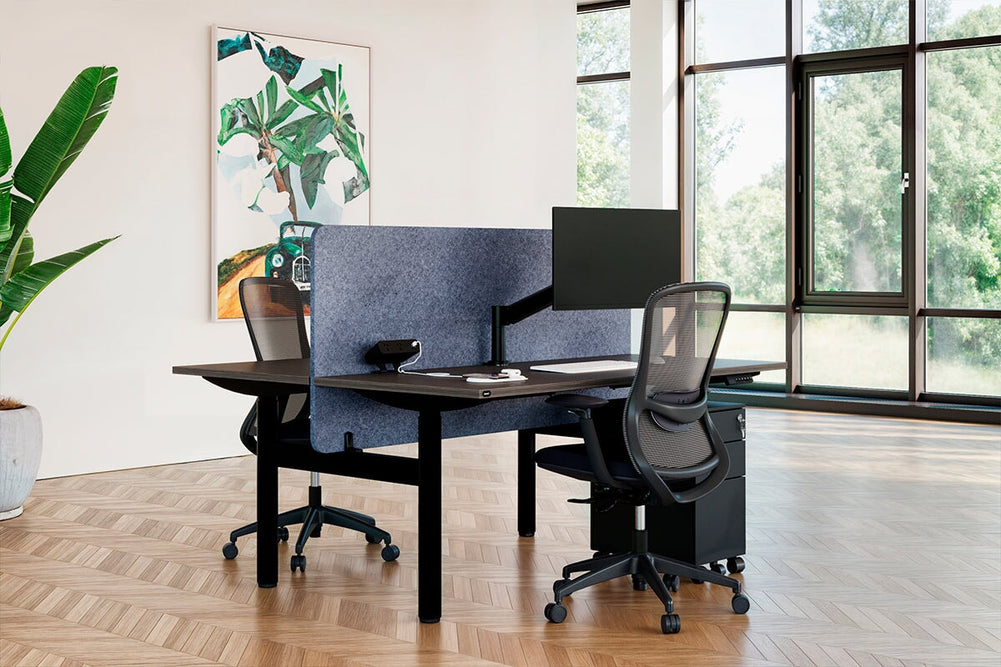 Flexi Height Adjustable 2 Person H-Bench Workstation - Black Frame [1200L x 800W with Cable Scallop]-dark oak moody charchoal (820H x 1200W) black cable tray