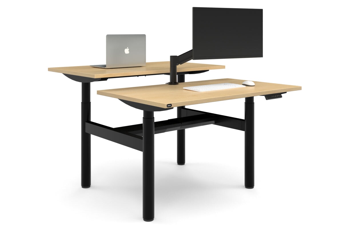 Flexi Height Adjustable 2 Person H-Bench Workstation - Black Frame [1400L x 700W]-maple none black cable tray