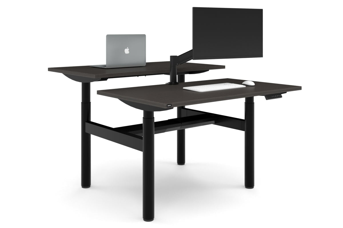 Flexi Height Adjustable 2 Person H-Bench Workstation - Black Frame [1400L x 700W]-dark oak none black cable tray