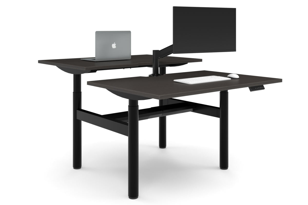 Flexi Height Adjustable 2 Person H-Bench Workstation - Black Frame [1400L x 800W with Cable Scallop]-dark oak none black cable tray