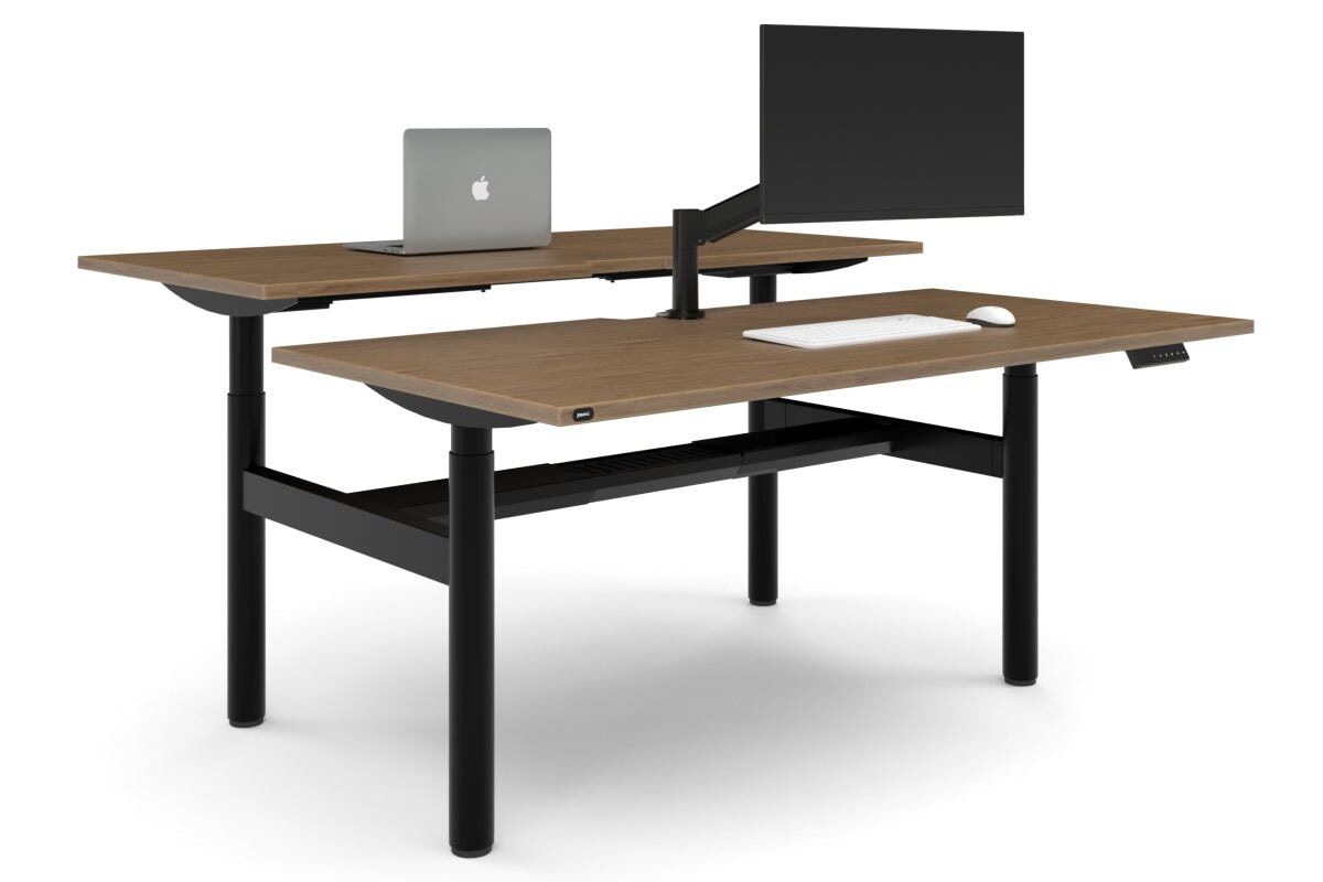 Flexi Height Adjustable 2 Person H-Bench Workstation - Black Frame [1600L x 800W with Cable Scallop]-salvage oak none black cable tray