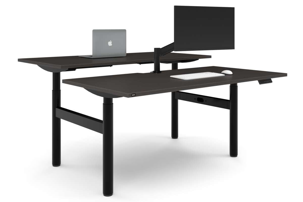 Flexi Height Adjustable 2 Person H-Bench Workstation - Black Frame [1600L x 800W with Cable Scallop]-dark oak none none
