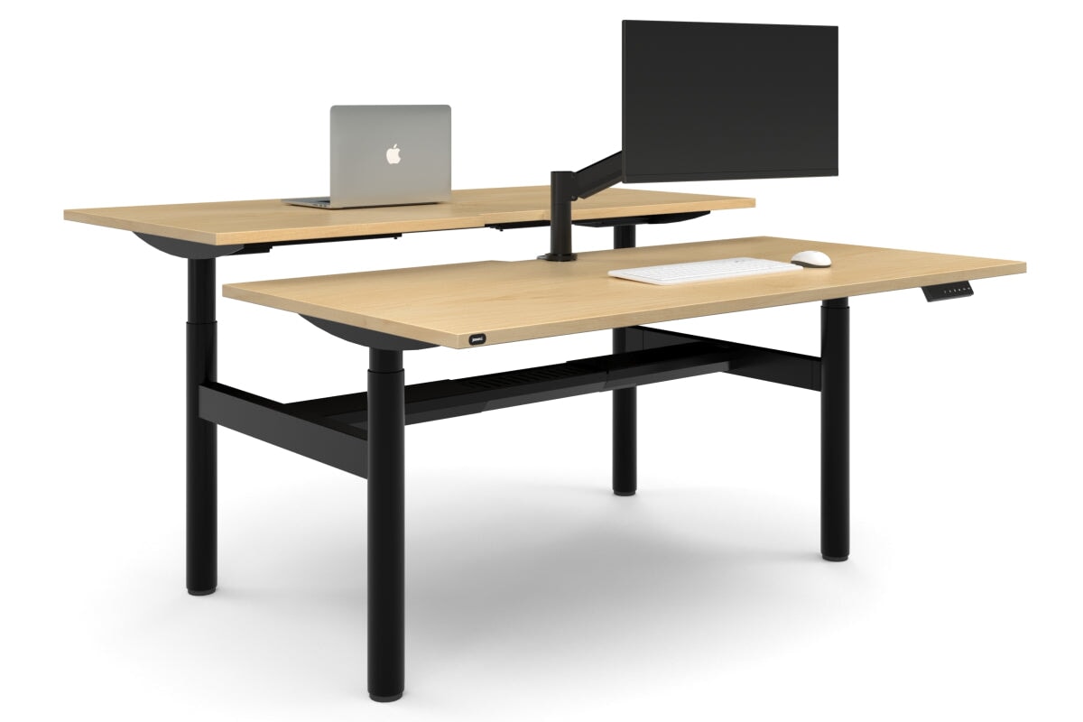 Flexi Height Adjustable 2 Person H-Bench Workstation - Black Frame [1600L x 800W with Cable Scallop]-maple none black cable tray