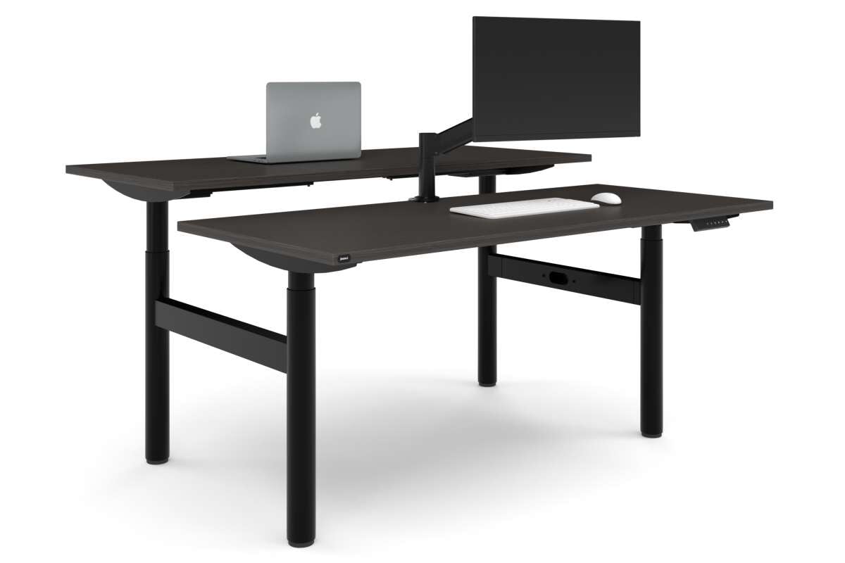 Flexi Height Adjustable 2 Person H-Bench Workstation - Black Frame [1800L x 700W]-dark oak none none