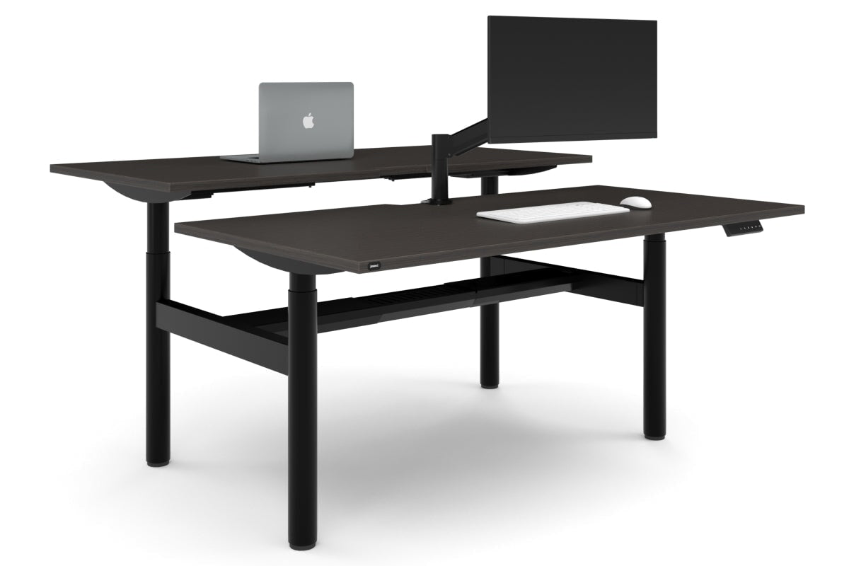 Flexi Height Adjustable 2 Person H-Bench Workstation - Black Frame [1800L x 800W with Cable Scallop]-dark oak none black cable tray