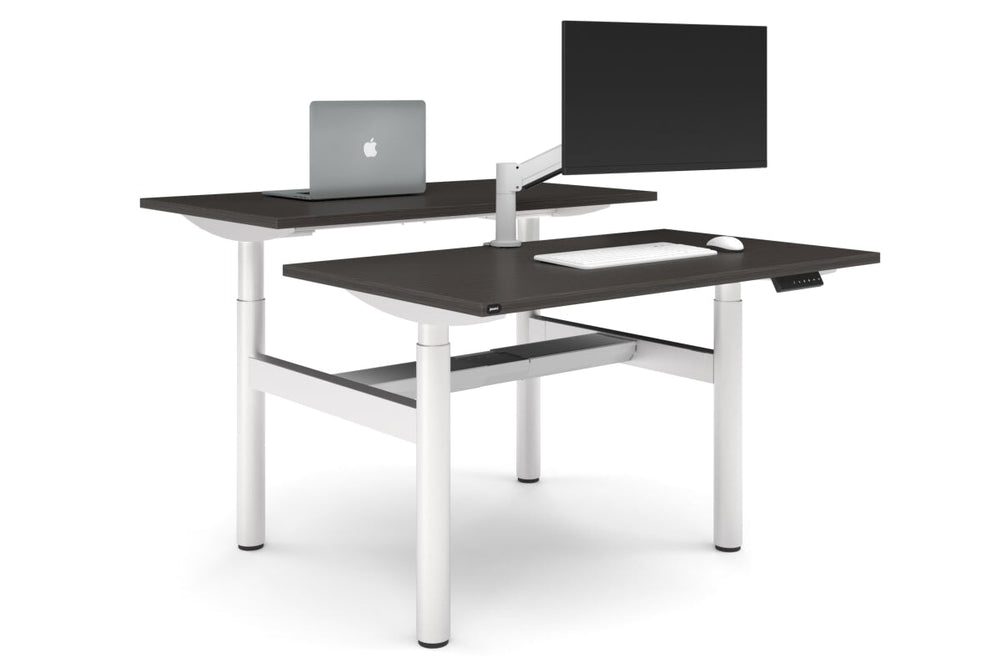 Flexi Height Adjustable 2 Person H-Bench Workstation - White Frame [1200L x 700W]-dark oak none white cable tray
