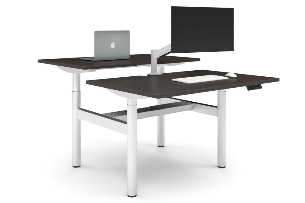 Flexi Height Adjustable 2 Person H-Bench Workstation - White Frame [1200L x 800W with Cable Scallop]-dark oak none white cable tray