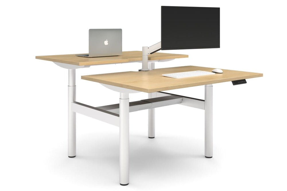 Flexi Height Adjustable 2 Person H-Bench Workstation - White Frame [1400L x 800W with Cable Scallop]-maple none white cable tray