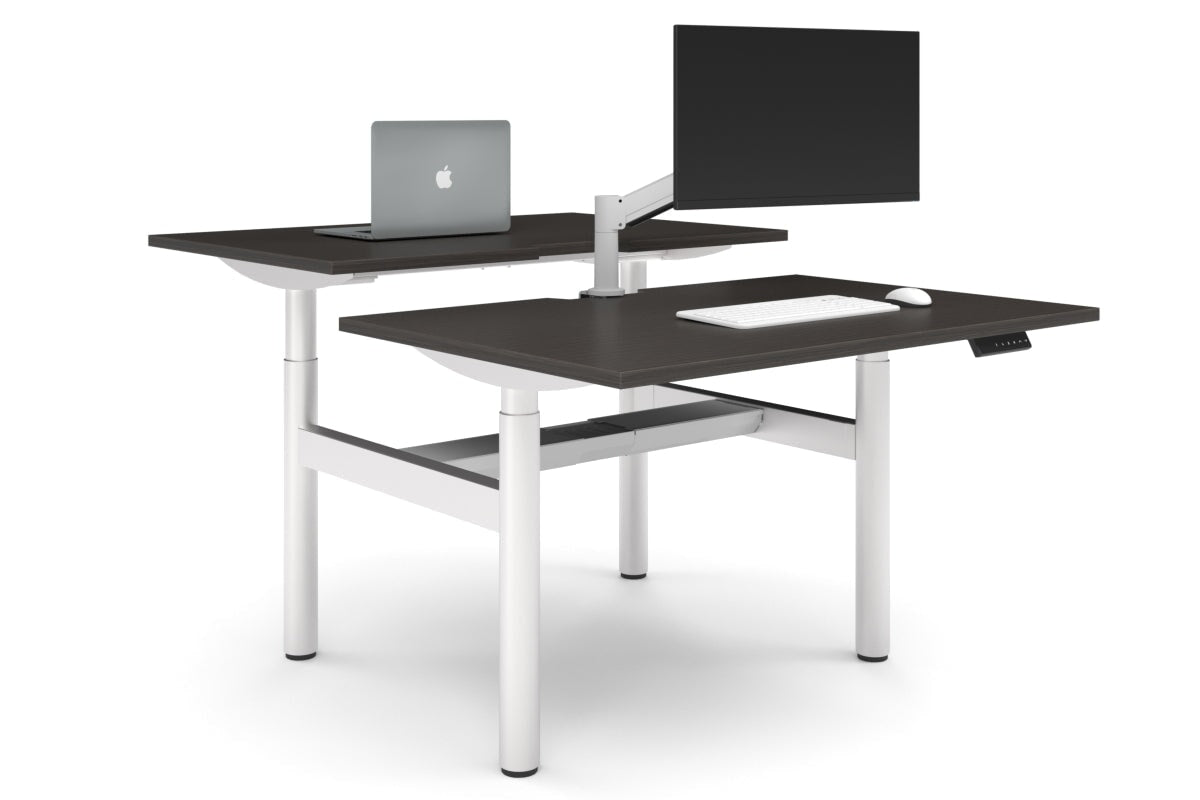 Flexi Height Adjustable 2 Person H-Bench Workstation - White Frame [1400L x 800W with Cable Scallop]-dark oak none white cable tray
