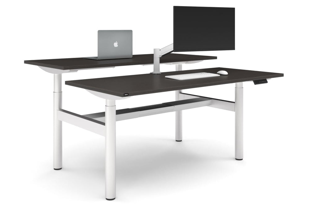 Flexi Height Adjustable 2 Person H-Bench Workstation - White Frame [1600L x 700W]-dark oak none white cable tray