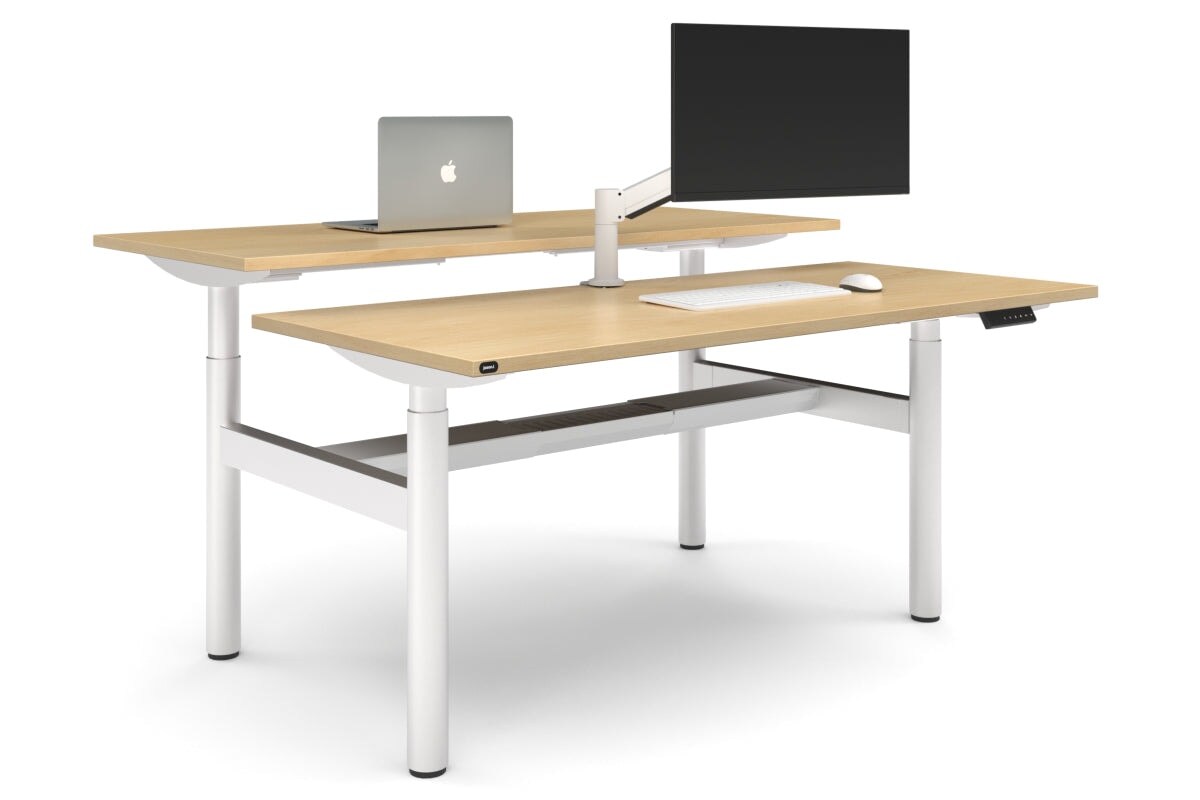 Flexi Height Adjustable 2 Person H-Bench Workstation - White Frame [1600L x 700W]-maple none white cable tray