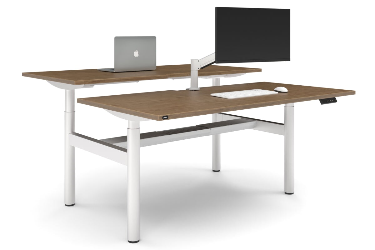 Flexi Height Adjustable 2 Person H-Bench Workstation - White Frame [1800L x 800W with Cable Scallop]-salvage oak none white cable tray