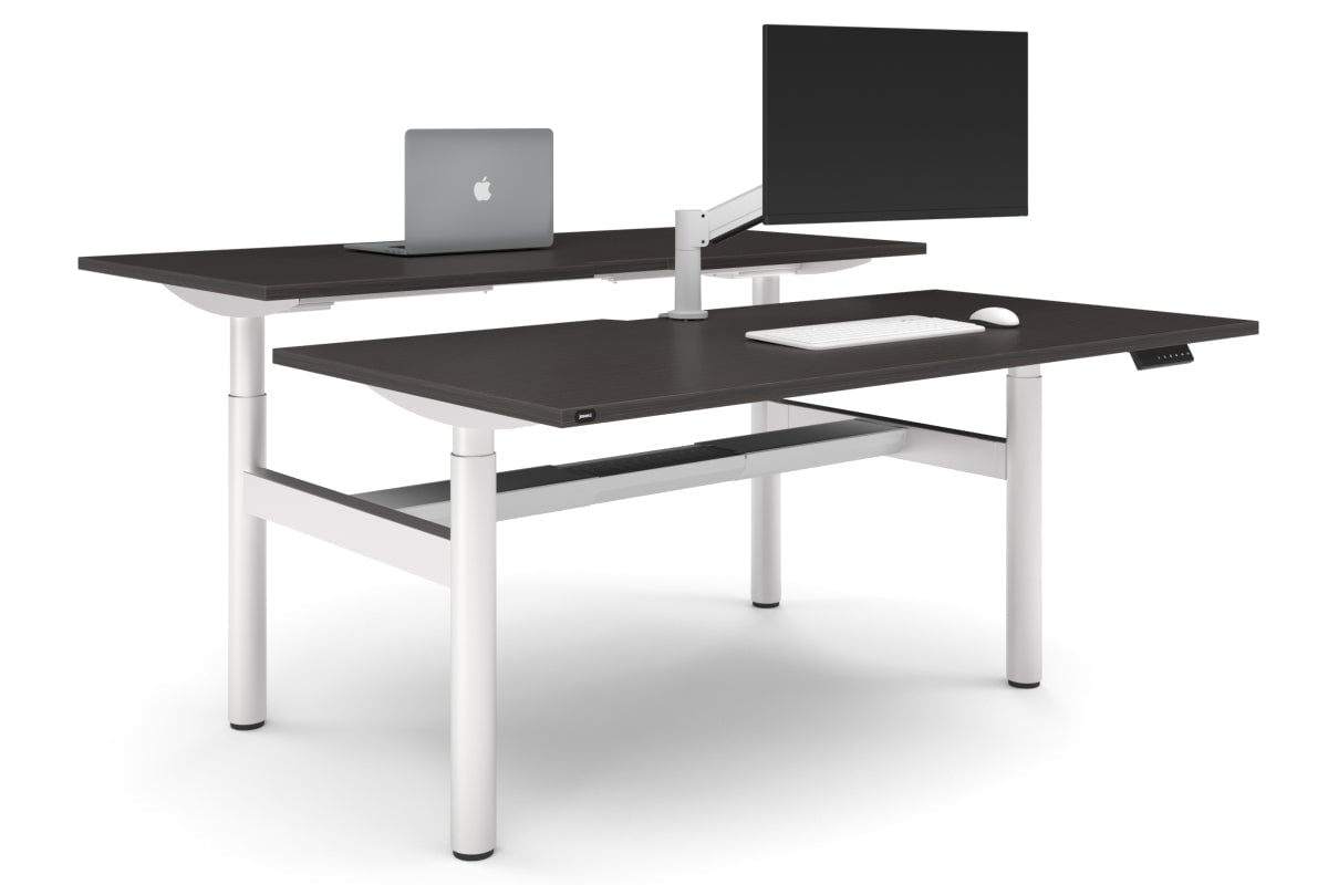 Flexi Height Adjustable 2 Person H-Bench Workstation - White Frame [1800L x 800W with Cable Scallop]-dark oak none white cable tray
